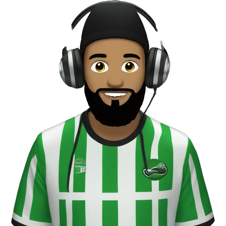 guy with a black hat and black beard, wearing a green and white striped football kit, DJing emoji