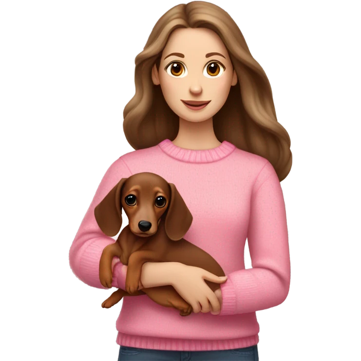 Brunette white girl with long hair in a pink sweater holds a brown and cream dachshund long haired puppy in her arms emoji