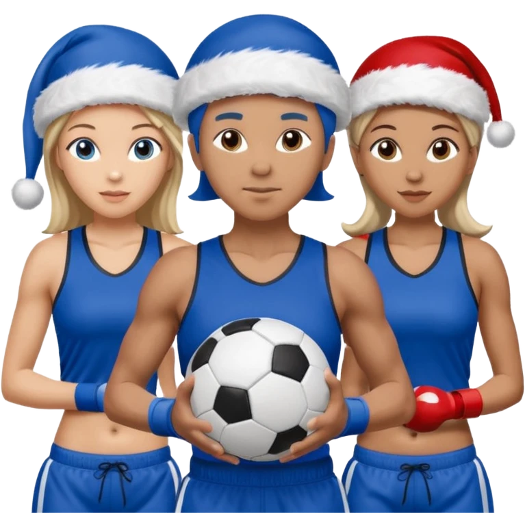 crie a imagem de 3 atletas, um homem no meio e duas mulheres, de modalidades esportivas diferentes, usando elementos esportivos, como por exemplo bola de futebol, luvas de luta e bola de vôlei... e usando um chápeu de papai noel das cores verde e azul e roupas azul emoji