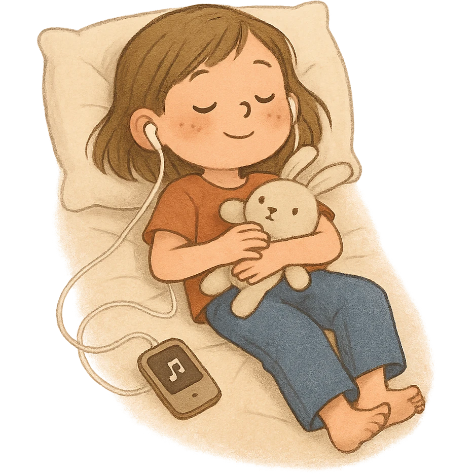 Girl lying on bed comfortably listening to music with wired earphones, holding a plush toy, bufo style emoji
