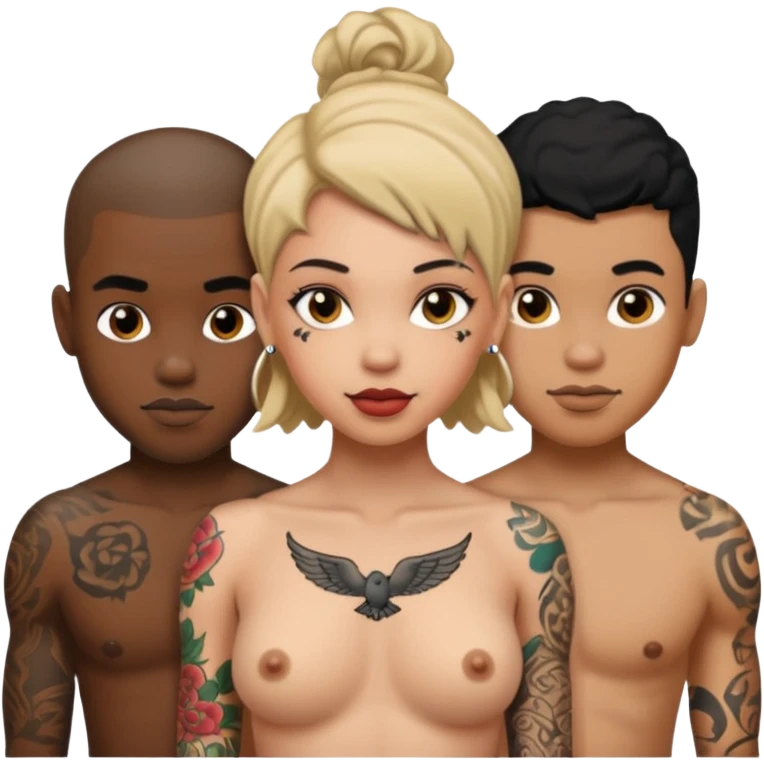 naked tattoed female, 2 black males emoji