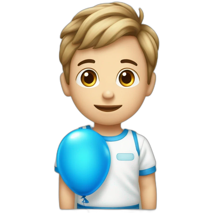 Un bambino in una culla con il fiocco azzurro e intorno tanti palloncini azzurri e una scritta MotiArt emoji