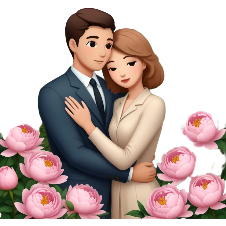 couple hug with warm Latina girl and russian man elegant peonies garden roses  emoji