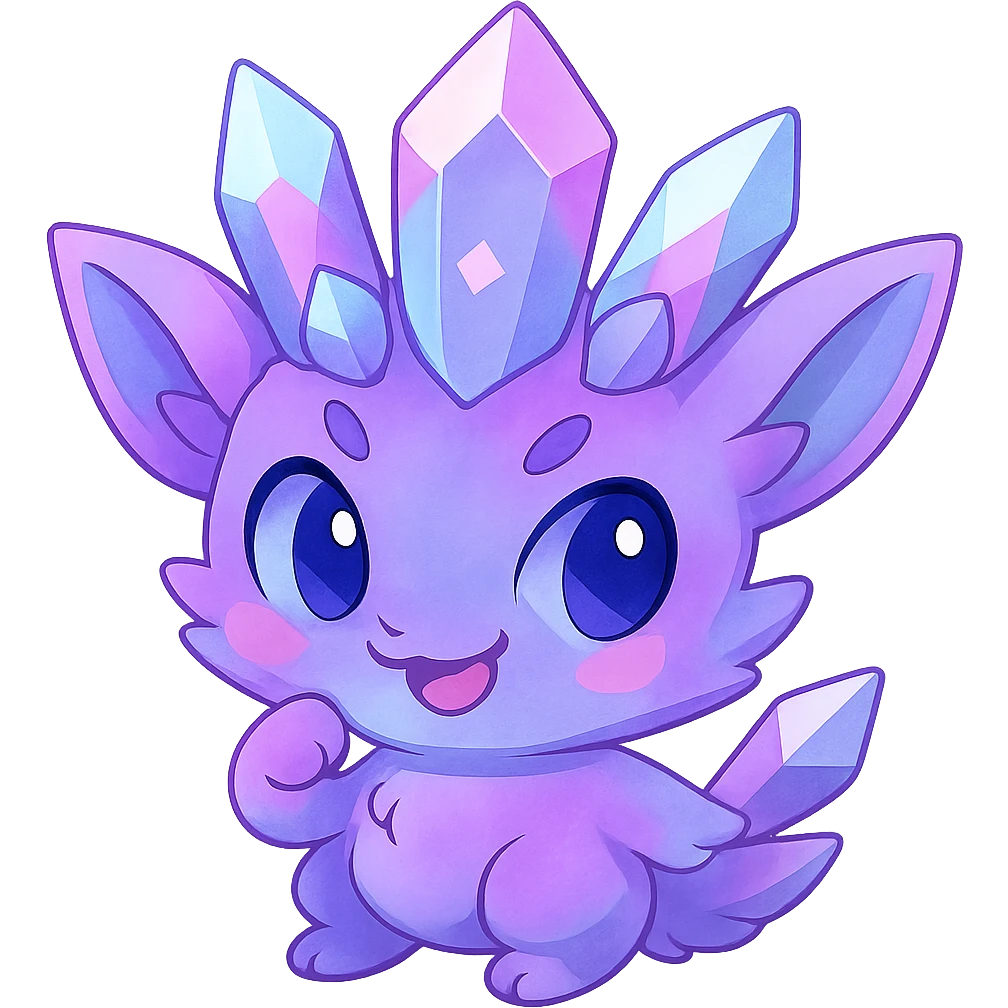 Adjust the chibi kawaii crystal sprite creature to have a balanced mix of purple, blue, and pink colors, keeping the pastel tone. Maintain a mischievous and adorable expression. Remove the background. The style is chibi kawaii crystal sprite with pastel colors. emoji