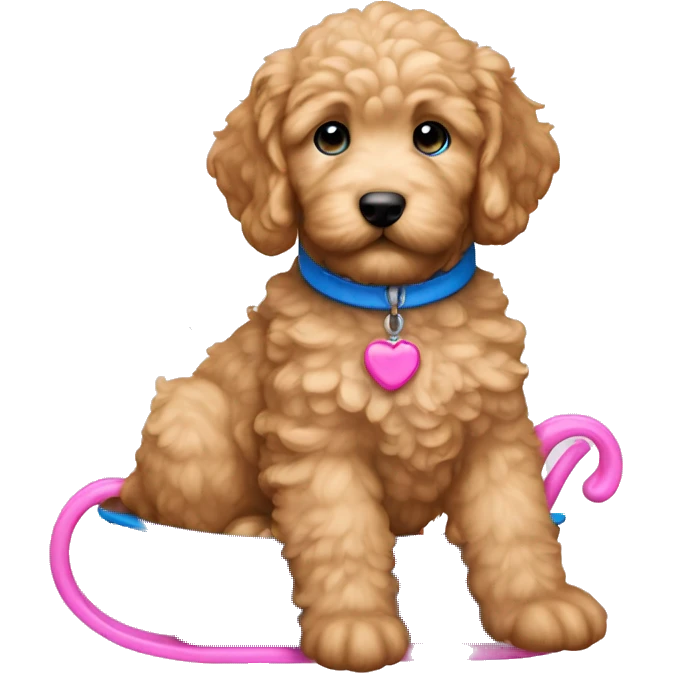 Mini golden doodle puppy  with pink sleigh blue collar blue eyes  emoji