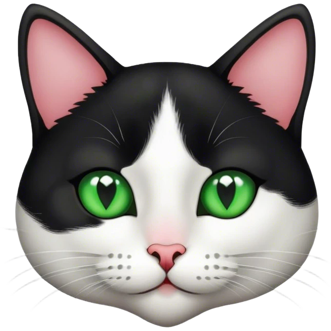 a black and white cat with heart-shaped nose and green eyes emoji