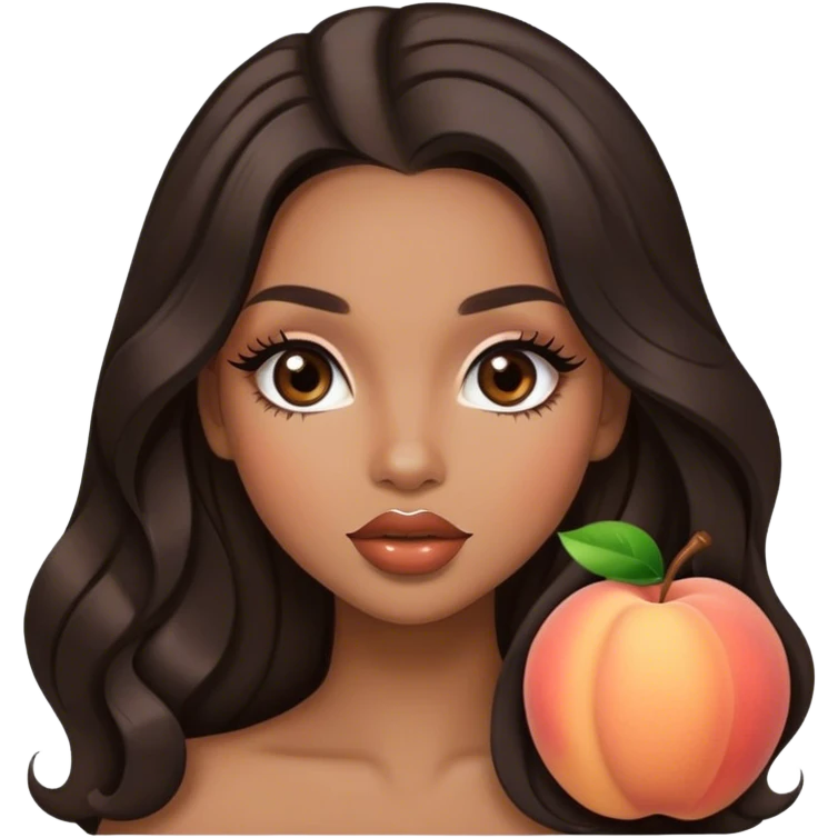 Glamourous, light brown skin tone, very beautiful girl, with big plump peach-beige lips, long long lashes, black wavy smooth long hair, straight parting hair, brown eyes emoji