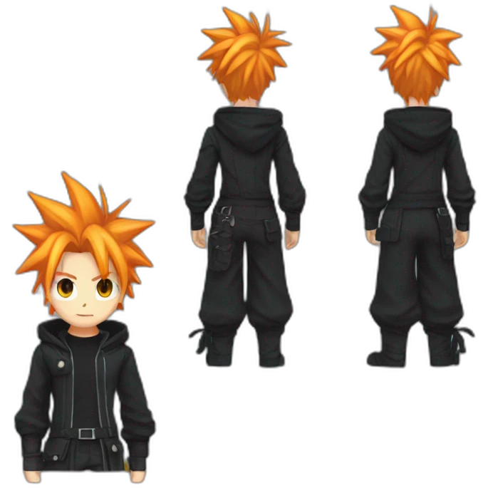 cloud strife with orange hair. Black clothes full body  emoji