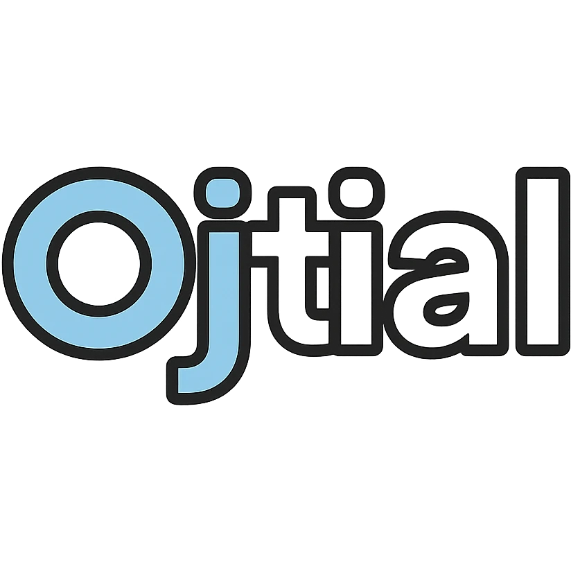 text logo with the word 'Ojtial', light blue and white colors, minimal geometric style emoji