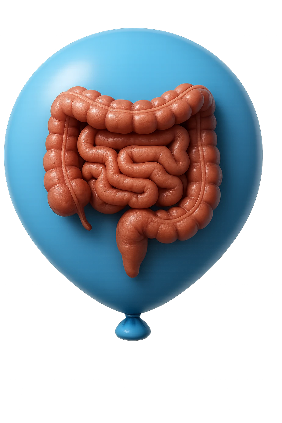 EMOJI STILE IPHONE 3D DI UN INTESTINO CHIUSO IN UN PALLONCINO CHE SIMBOLEGGIA GONFIORE, IPERREALISTICA 4K emoji