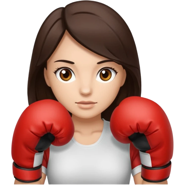An woman with long dark brown hair in boxing gloves and light brown eyes emoji