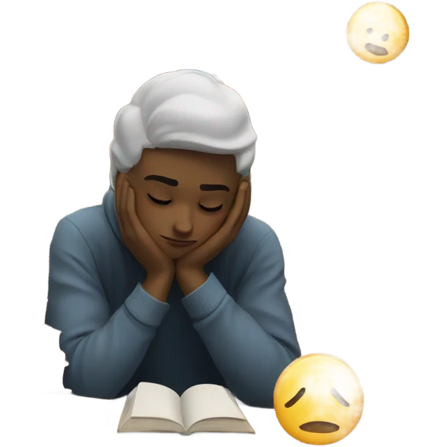 bored white student leaning on hand books  emoji