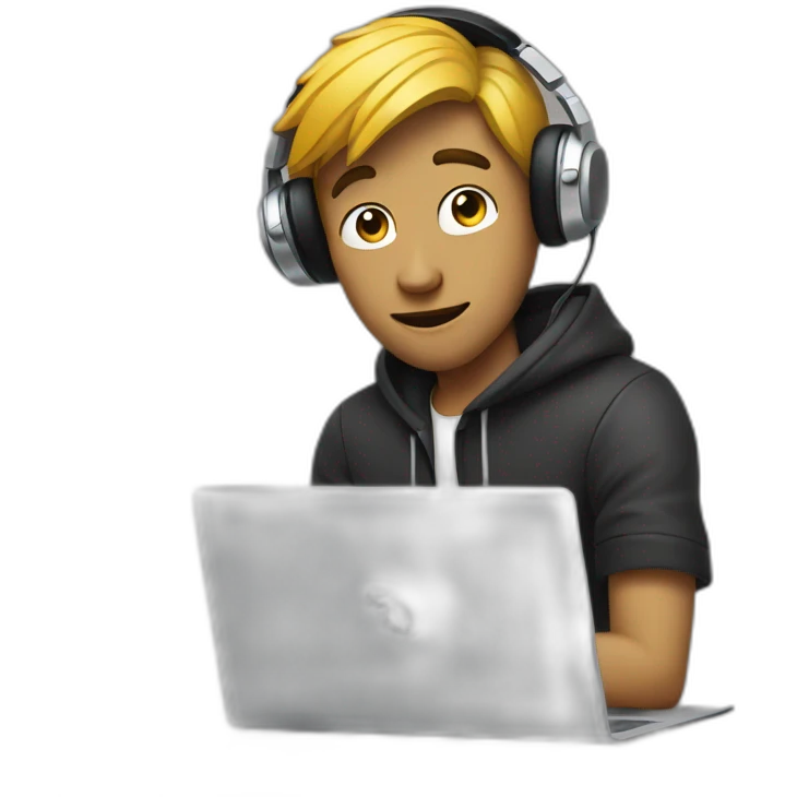Dj guy before a laptop holding his headset with one hand emoji