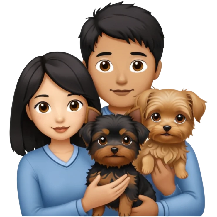 A couple holding holding a small Yorkshire Terrier together. The girl is an Asian girl with long, luscious wavy black hair (loose, no hair tie). She is standing beside a brown-skinned man with a short middle part haircut.  emoji