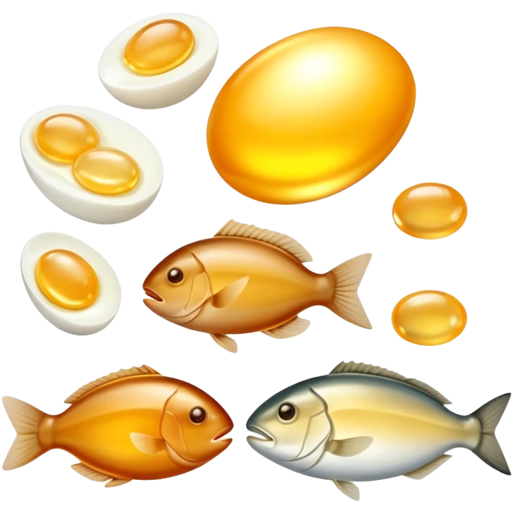 Animal sources of vitamin A: liver, egg yolks, cod liver oil, butter, and fatty fish glowing with a gentle golden aura. These foods emit a soft warm light representing their high content of preformed vitamin A (retinol). emoji