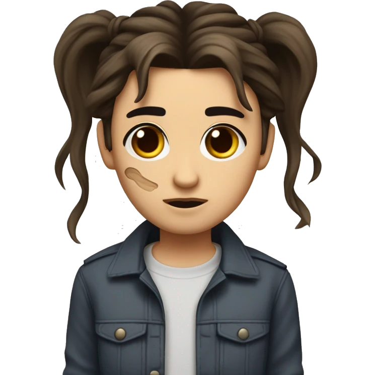 long dark brown stringy hair tied into two high ponytails that jut upward and outward. has small dark brown eyes with slightly thin eyebrows and a blood mark that extends from both sides of his face across the bridge of his nose. emoji