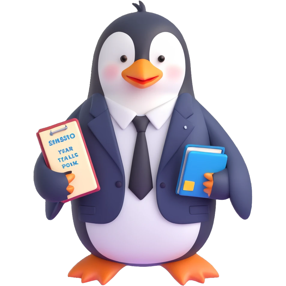 a cheerful penguin in a suit and tie, holding a small book, with a missionary name tag, minimal background emoji