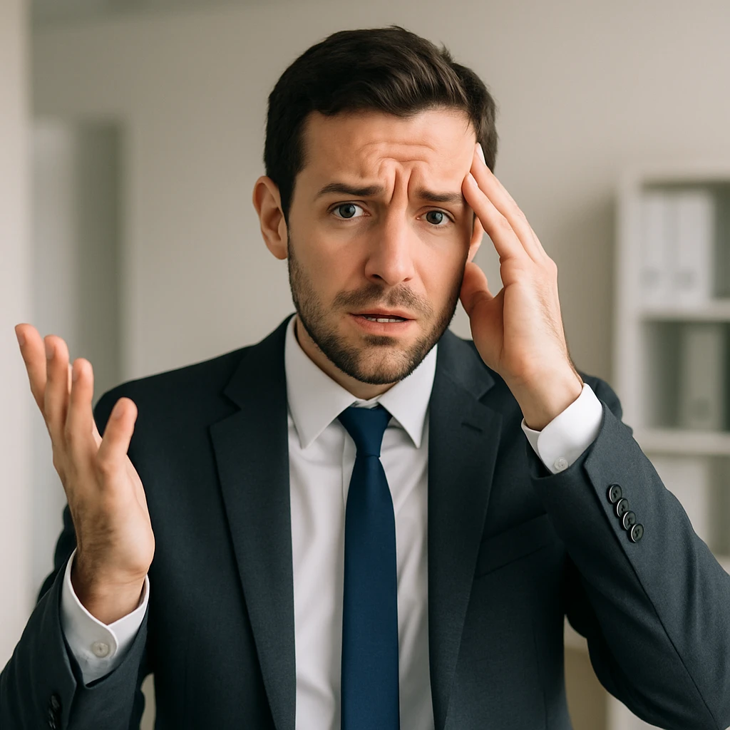 a man hesitating with a decision, looking stressed, business attire, expressive face, subtle office background, suitable for branding emoji