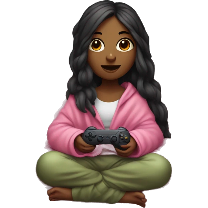 Olive skinned girl with long dark hair wrapped up in a blanket sitting on a couch with a pink gaming controller in her hands emoji