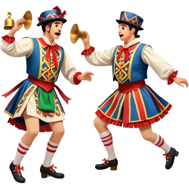 Cinematic Realistic scene of two performers executing a Morris Dance in full traditional costume—with bells, ribbons, and clogs—captured in dynamic motion against a rustic English backdrop and warm, golden lighting emoji