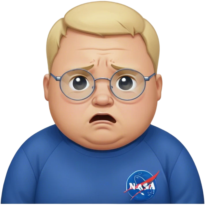 angry chubby man, crying like a kid,  blond short and hight receding hairline, wearing a dark blue sweatshirt, nasa logo on the sweatshirt, round glasses without frame, 40 years old emoji