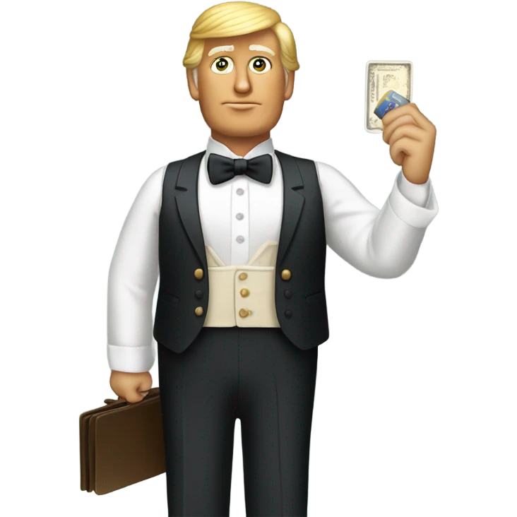trump waiter Victorian dress elegant full body, holding big credit card emoji