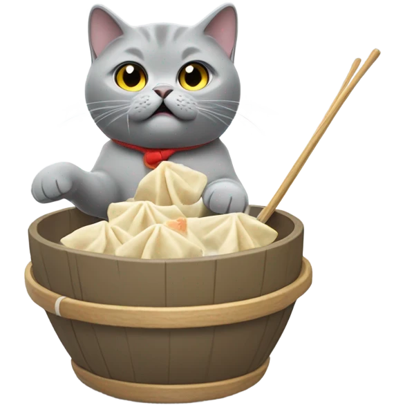 Gray British shorthair cat skiing down a mountain eating dumplings emoji