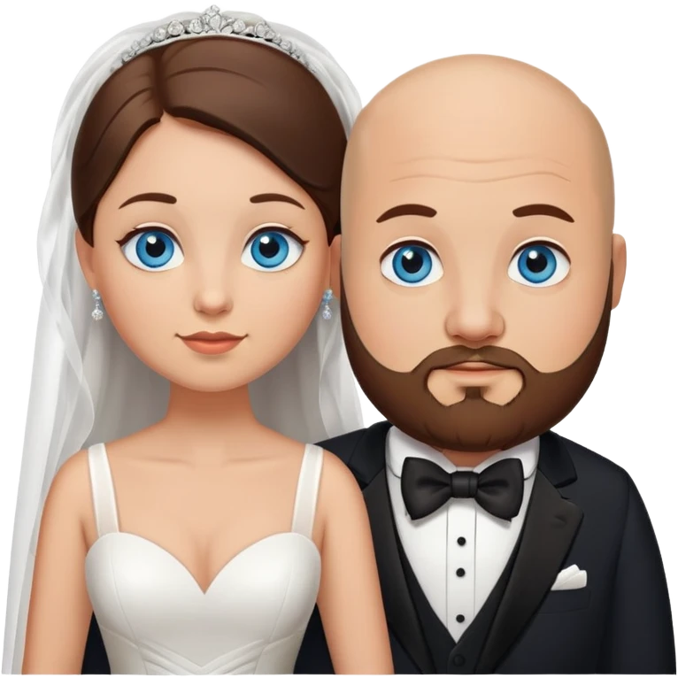 blue-eyed overweight bald man with a beard in a tux and brunette brown-eyed bride emoji