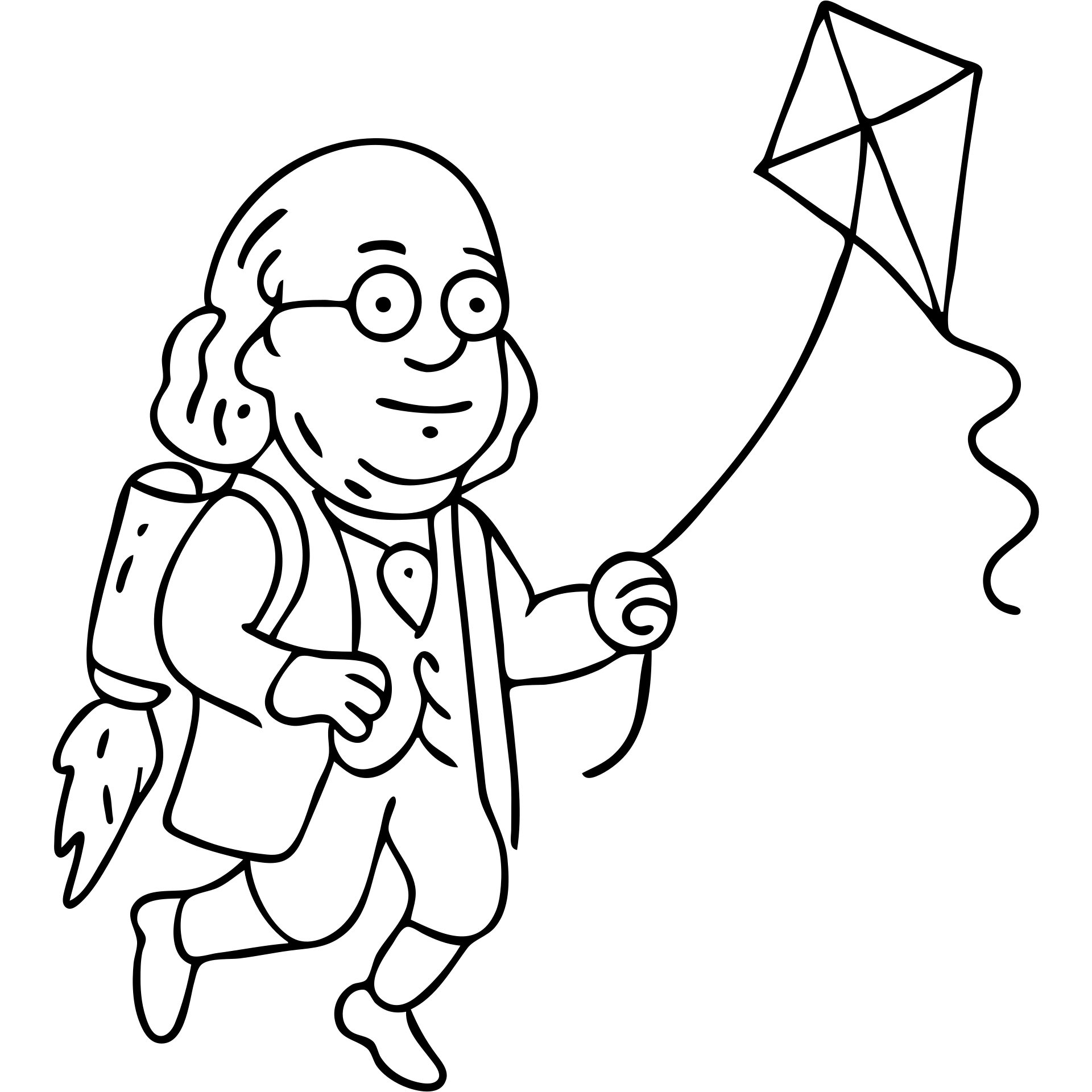 Ben Franklin with jetpack and diamond kite, hand-drawn black outline, minimalist emoji