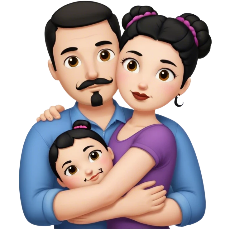 Tall strong white man with dark brown mustache goatee hugging a chubby short pale woman with black hair bun emoji