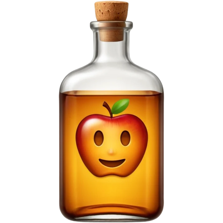 sturdy glass bottle with squared shoulders and a short neck, filled with rich amber-brown liquid, slightly tinted glass showing depth of color inside, capped with a cork or dark metal top, no label, sealed bottle, apple emoji style, soft lighting, subtle shadows, transparent background, emoji scale emoji