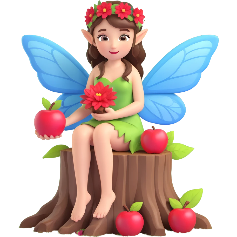 A fairy with wings, sitting on a tree stump in a forest, holding a red apple, with a red flower in her hair, in a 3D iOS style. The scene is illuminated by hanging lanterns and surrounded by lush green foliage. emoji