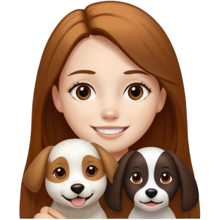 girl with white skin, brown eyes, long straight brown hair, with a white dog that has a black face with a stripe down the middle between the eyes and snout, and brown and caramel brown spots on the sides of the mouth emoji