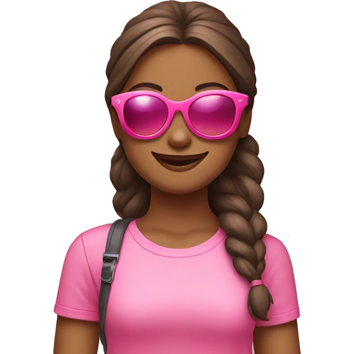 girl wears sunglases with pink glass, she pretty and smiling. she shows peace sign. dressed pink tshirt with smile logo emoji