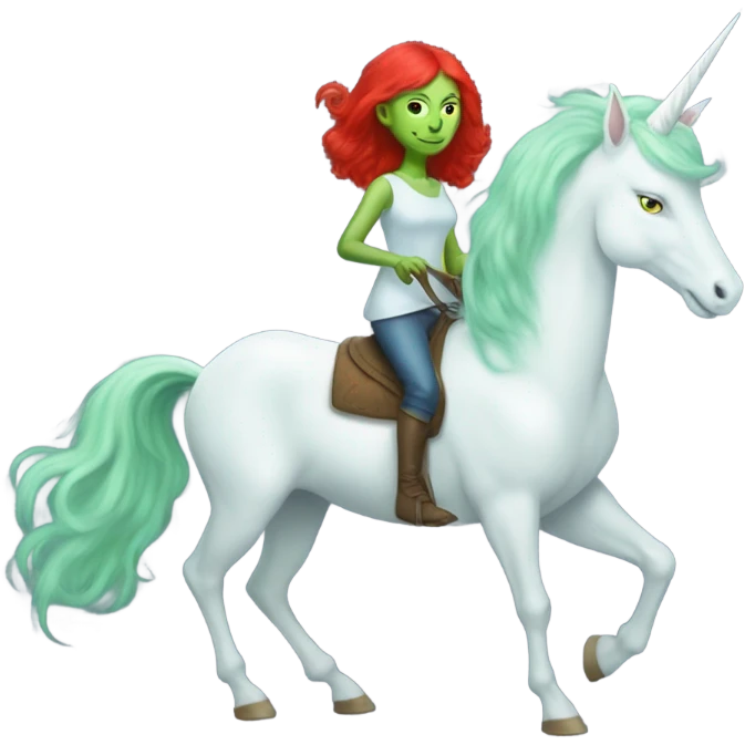 [politically incorrect
	{ woman: alien, color: light green, hair:red, eyes:cat} ]
	on a 
	[{ unicorn: white, legged:four, mane: light blue }] emoji