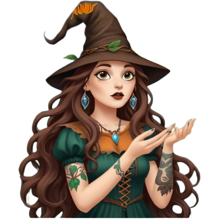 forest witch woman long wavy brown hair tattoos blowing moon dust emoji
