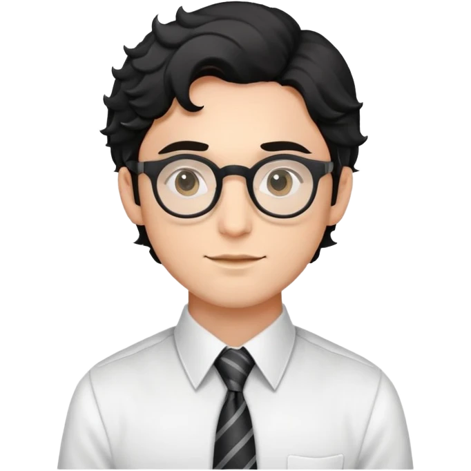 Young man with black wavy hair, round glasses, dressed for theater in smart casual outfit with dress shirt and tie emoji