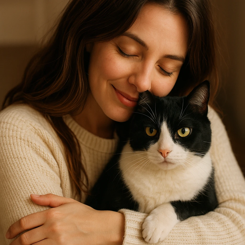 a woman in a cream sweater with long brown hair with highlights hugging a black and white cat, warm and affectionate scene emoji