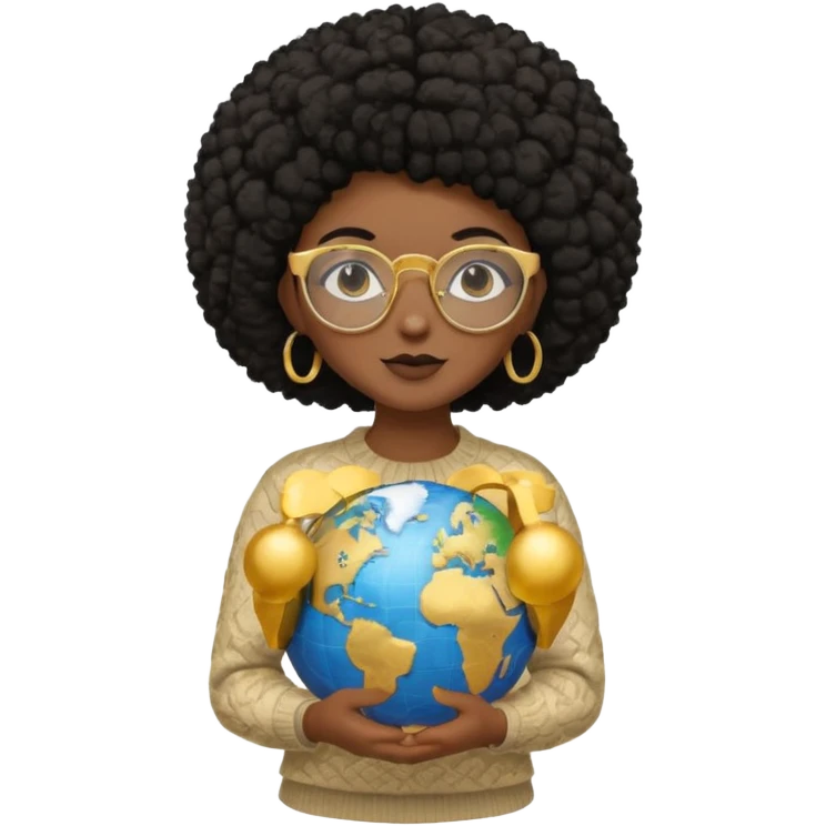 a young woman wearing gold round glasses and black afro hair, she has medium-dark skin, she's wearing a sweater and she's holding a globe in her hand emoji