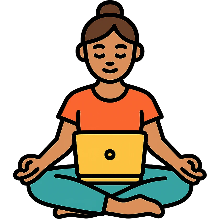 yoga teacher sitting cross-legged with a laptop, colored icon with black outlines emoji