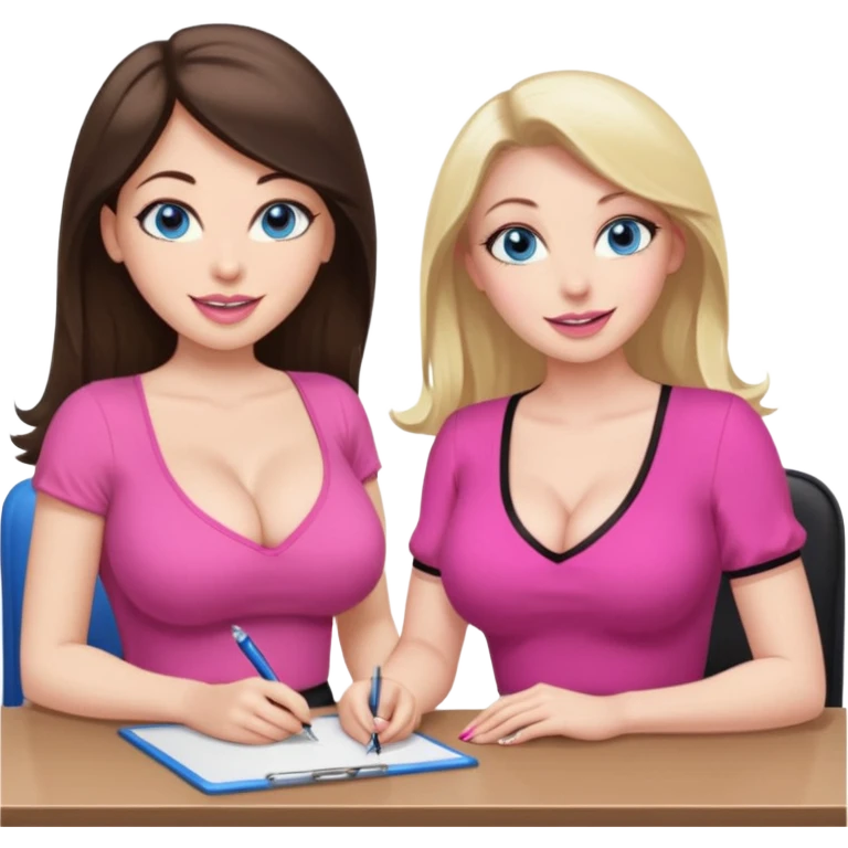 sexy woman brunette, very large breasts, pale skin, blue eyes, long brown hair, tight pink low cut  blouse, big pink lips, short black skirt. at desk next to similar blonde woman.  emoji