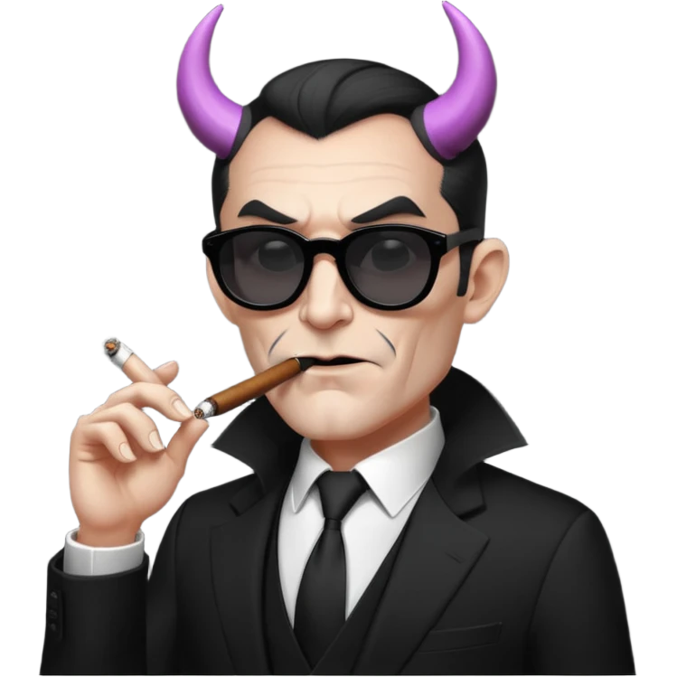 Minimalist emoji-style sticker of a devilish producer in black suit, tiny horns, dark sunglasses, and a smoking cigar, grayscale tones, matte style emoji