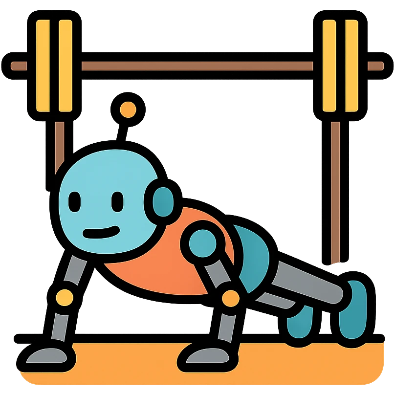 a robot doing pushups in a gym, color outline icon style emoji