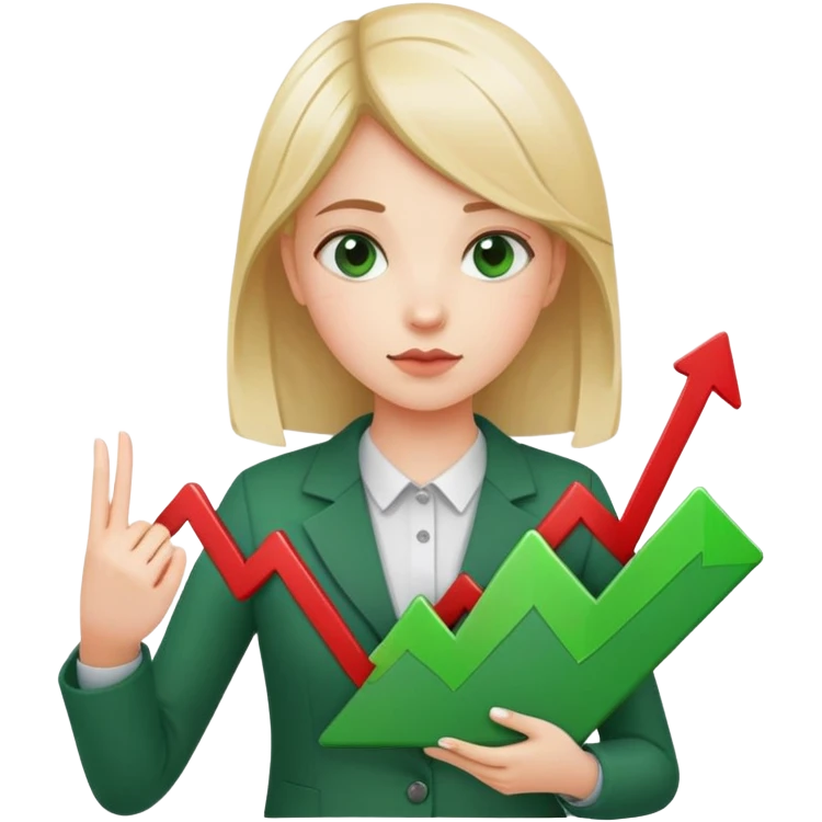 Girl holding chart with rising green graph line in right hand and holding another chart with falling red graph line in left hand emoji
