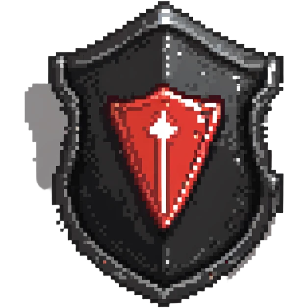 Shield badge with a digital lock and red warning symbols, cybersecurity theme, menacing look emoji