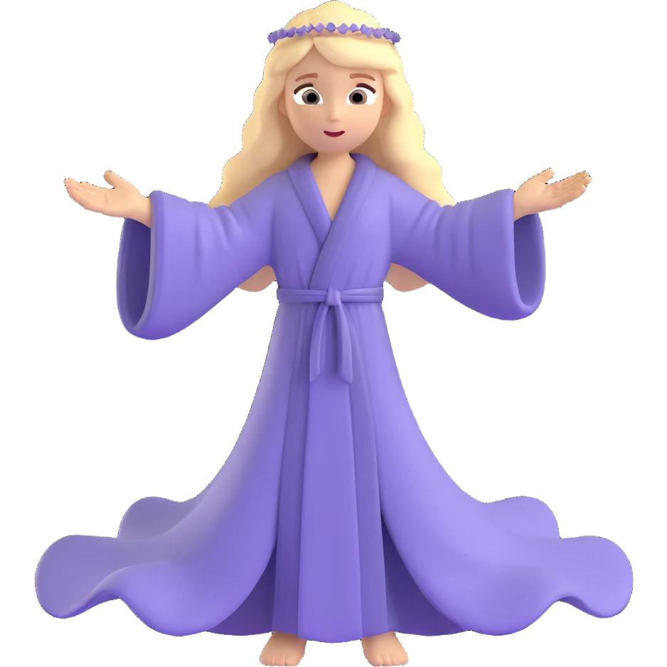 a classic angel with long blond hair, both hands extended forward in a blessing, flowing robe, peaceful face emoji