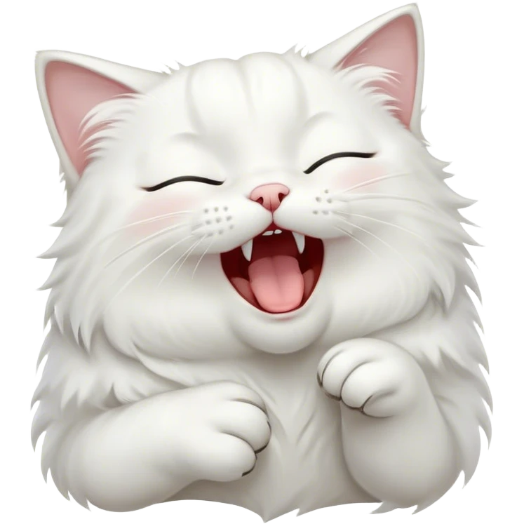 Cinematic Cute Yawning White Cat Portrait Emoji, Head gently tilted with an endearing, wide-open yawn and softly closed eyes, showcasing a pristine white fur with delicate hints of silver, simplified yet irresistibly adorable, highly detailed, glowing with a tender, cozy radiance, high shine, exuding sleepy charm and gentle affection, styled with a soft glowing outline, capturing the essence of a white cat caught mid-yawn, radiating pure, adorable lethargy! emoji