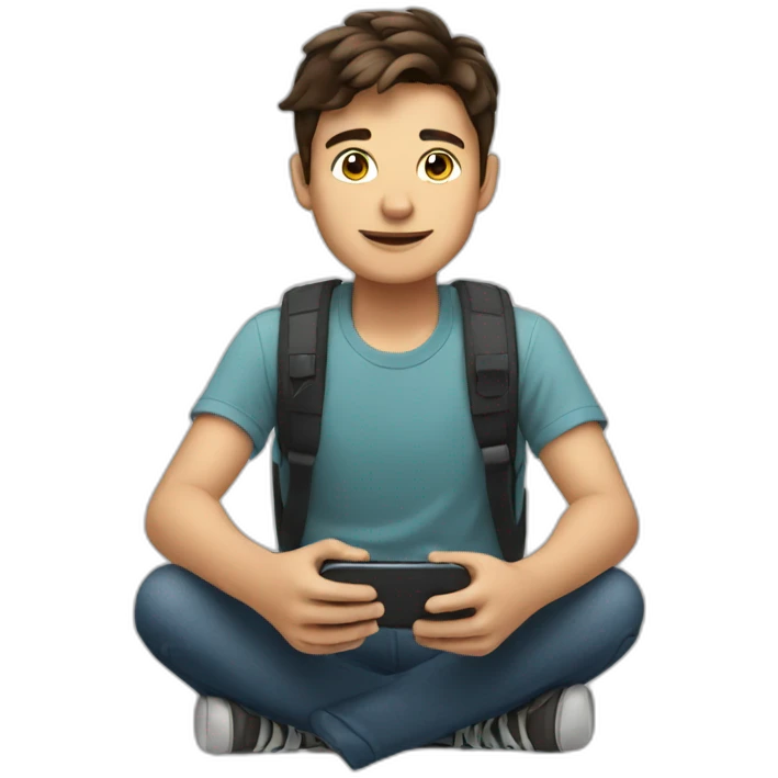 brunette boy sitting with a phone in his hand emoji
