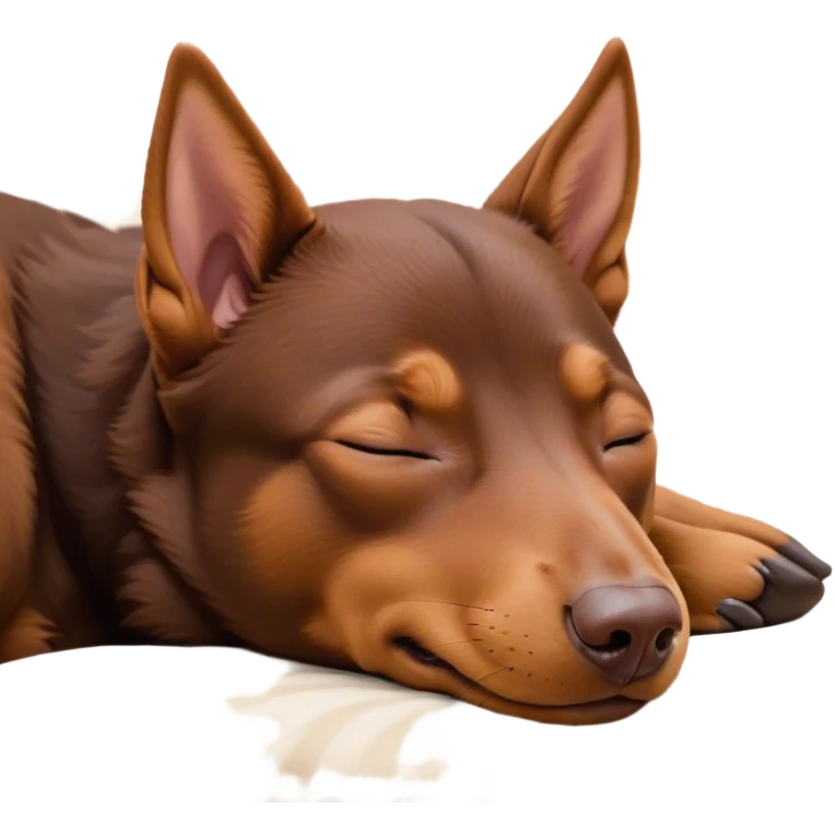 Meme-Worthy Cute Sleeping Brown and Tan Kelpie Portrait Emoji, Head resting peacefully with a contented smile, showcasing a delightfully agile build and a luxuriously soft brown and tan Fur, eyes shut in a serene nap, Simplified yet hilariously adorable features, highly detailed, glowing with a soft, drowsy light, high shine, relaxed and utterly lovable, stylized with an air of playful laziness, bright and heartwarming, soft glowing outline, capturing the essence of a comically sleepy herder, so meme-worthy it feels like it could instantly become the next viral sensation of adorable slumber! emoji
