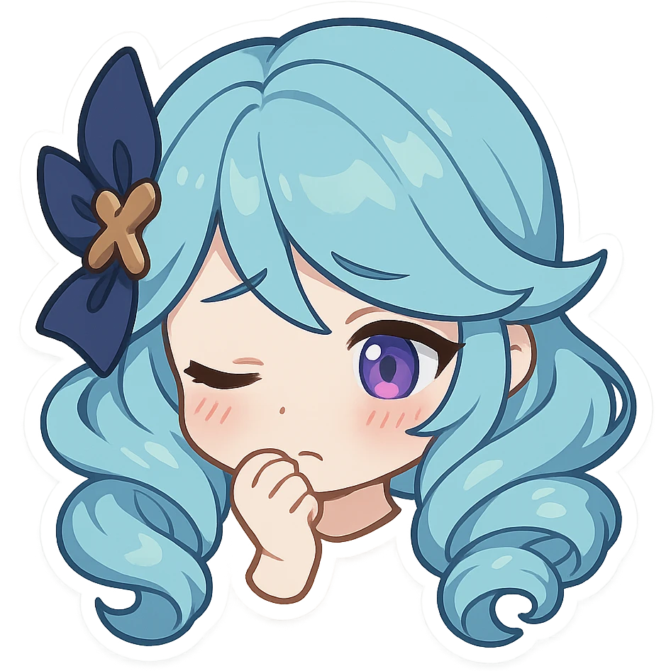 Gwen from League of Legends, chibi emote style, only head visible, right eye purple, shy expression, looking down, cute and expressive emoji